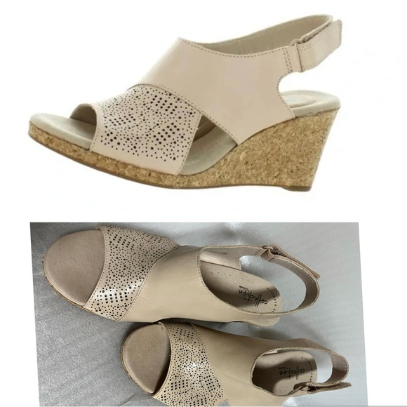 Clarks Shoes - Clarks Collection Womens B Cream Wedges Sandals 10M Ankle Strap Cork Style Heel